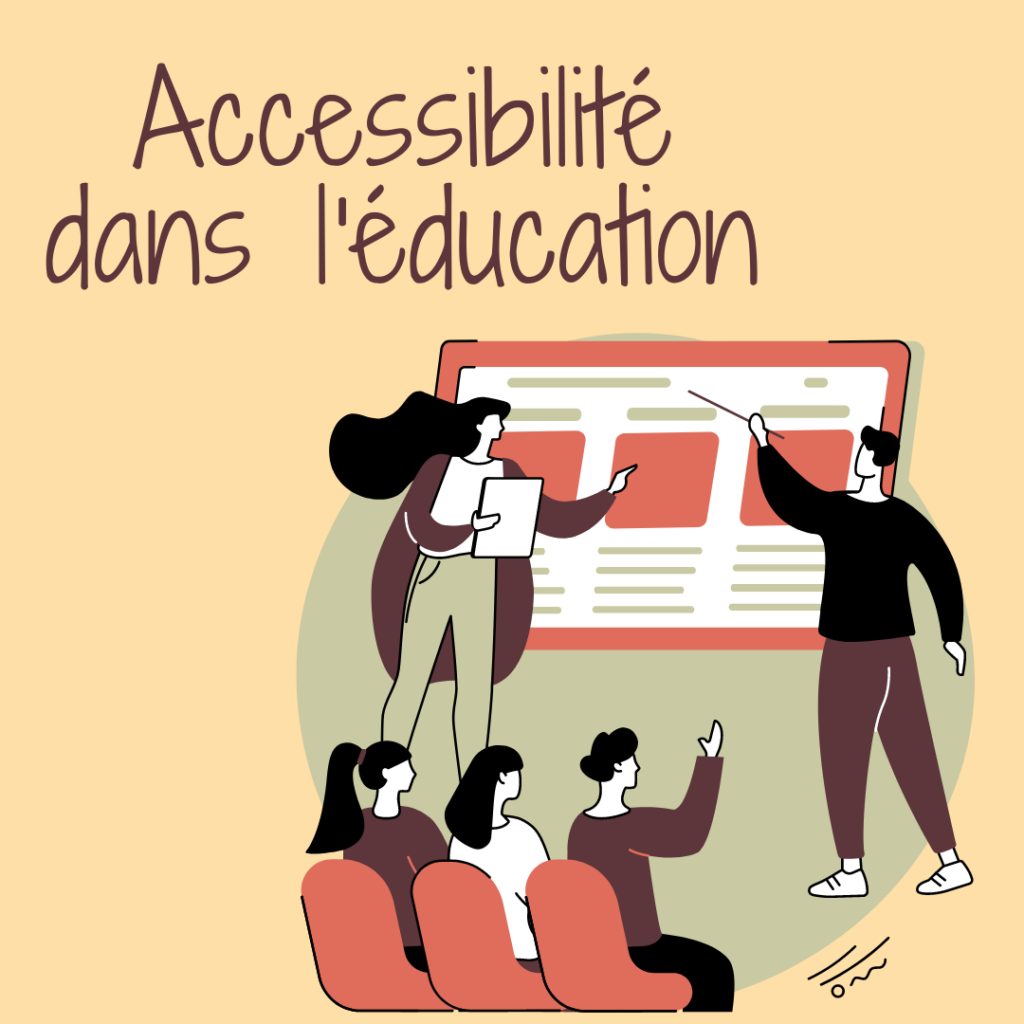limage montre en avant l'accessibilité dans l'éducation avec des illustrations représentant des personnes partageant leur connaissances , illustrant ainsi l'inclusivité et l'accès équitable à l'éducation. 