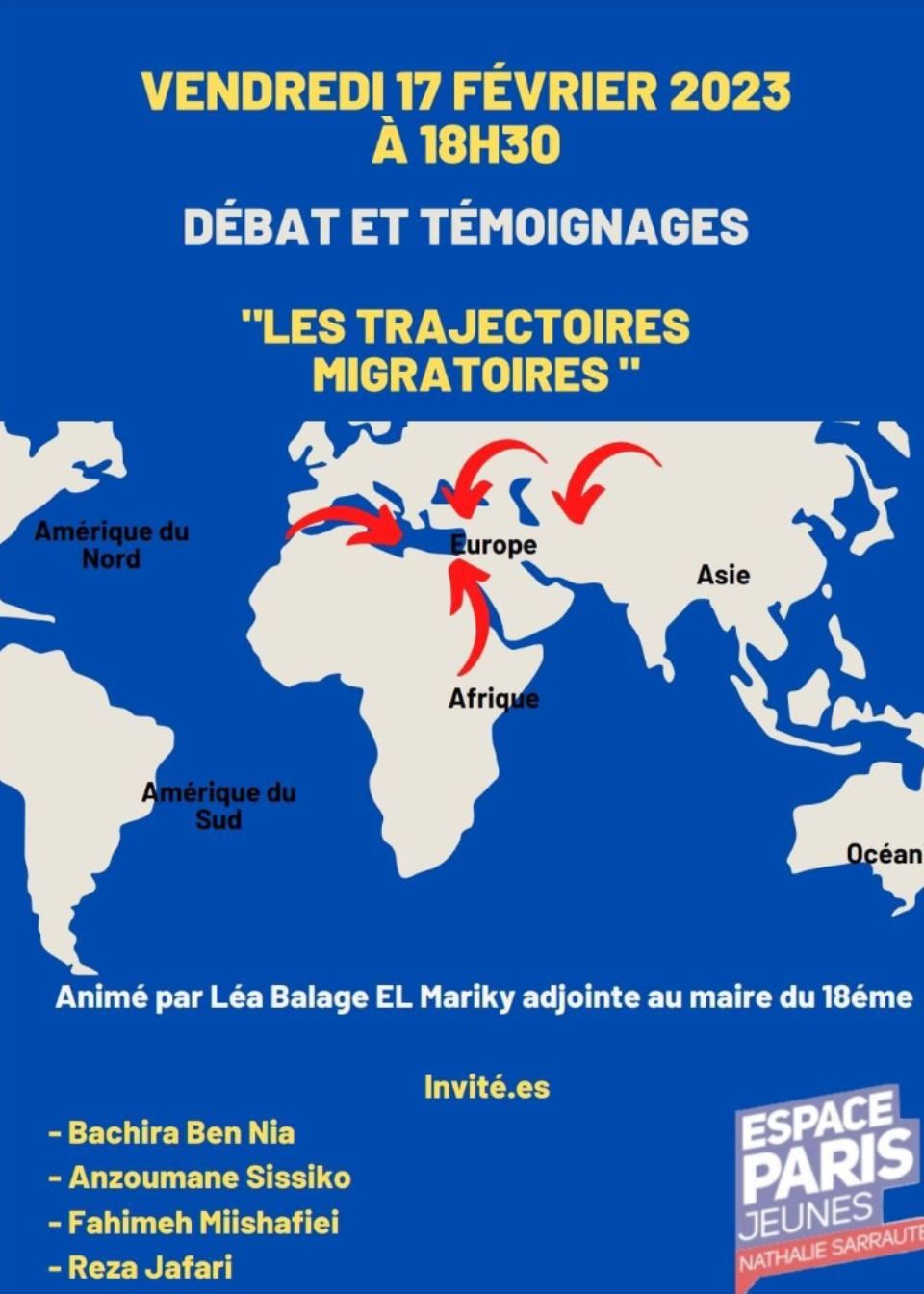 une affiche bleu avec une carte du monde 
Ecris dessus: Débat et Témoignages
"Les Trajectoires Migratoires" 